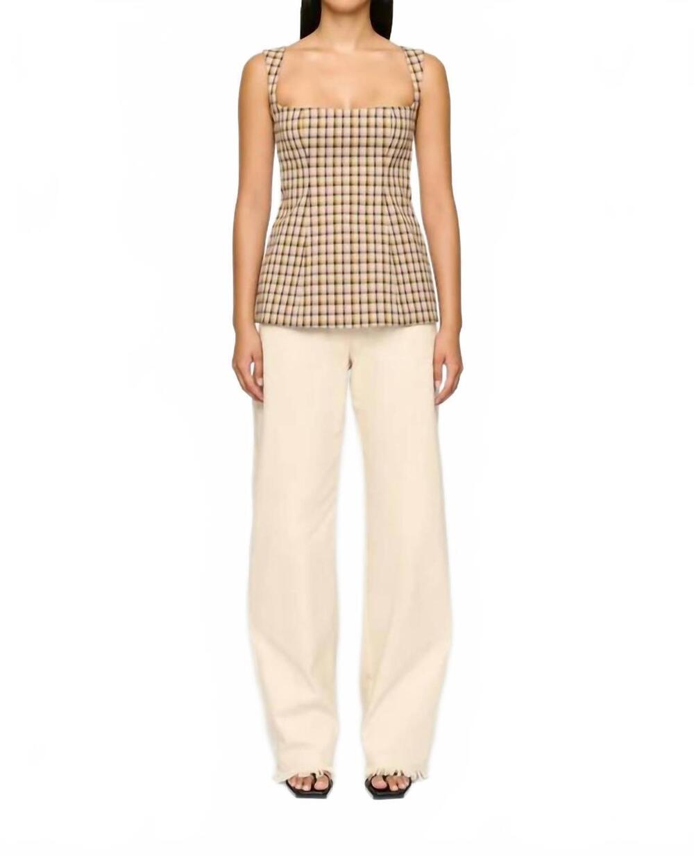 NEW CLEA edrika square neck top in praline check
